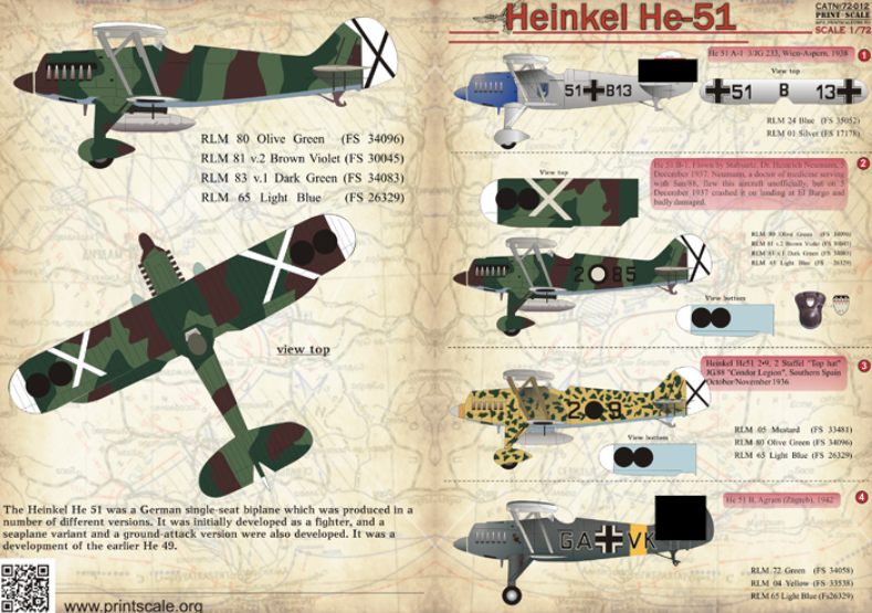 Print Scale 72012 Heinkel He-51 Decal Abziehbilder 1/72 – Bild 2