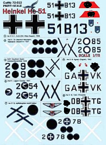 Print Scale 72012 Heinkel He-51 Decal Abziehbilder 1/72