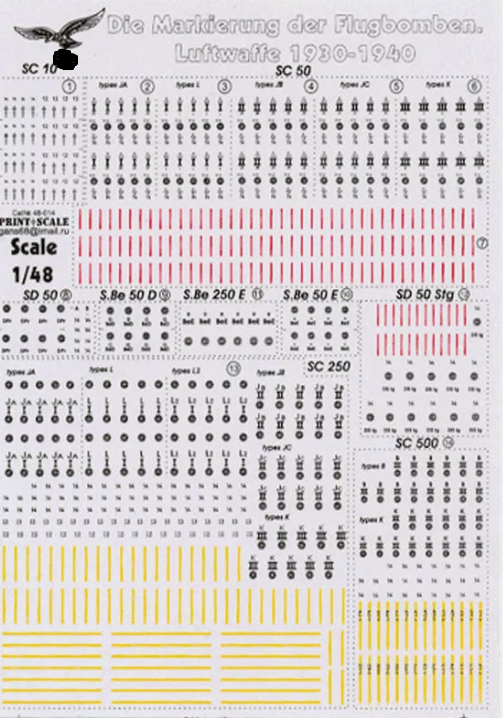 Print Scale 48014 Die Markierung der Flugbomben Luftwaffe 1930-40 1/48 Decal Abziehbilder