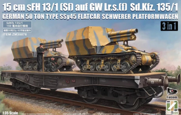 Zimi Model ZM35076 Schwerer Platformwagen Type SSy45, 50ton 15cm sFH13/1 Sf, Sd.Kfz.135 1/35